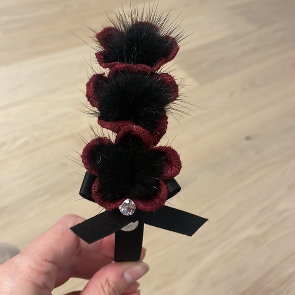 Satin, sequin, knit flower headband with fur pom poms - Picture 3 of 3